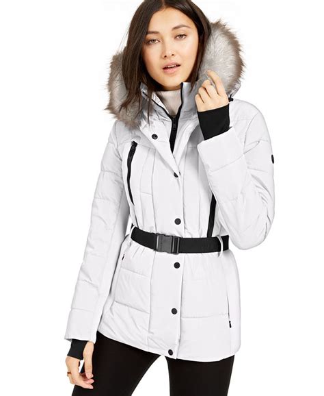 active belted faux-fur-trim puffer coat michael kors|More.